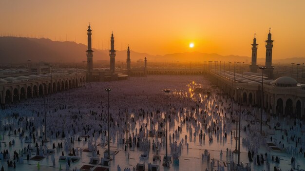 写真 イーダ・アル・アダの朝礼拝場が礼拝者で満ちている日の出の景色
