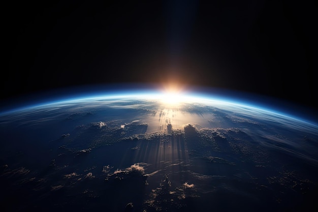 수평선 위로 태양이 지는 우주에서 지구의 일출 보기