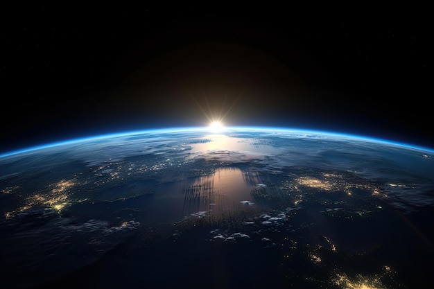 Sunrise view of the planet Earth from space with the sun setting over the horizon