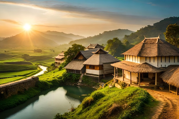 A sunrise view of a village in the jungle