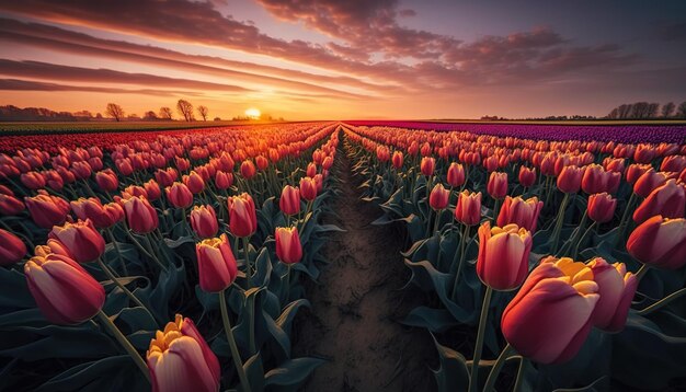 Sunrise over a vista of dazzling tulip fields in the Netherlands in the spring Amsterdam