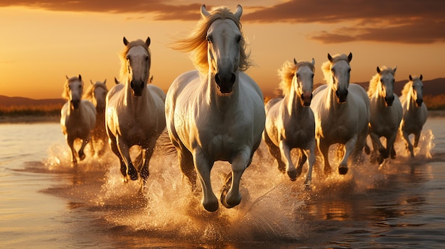 リビング ルームに白い 7 頭の馬が走っている日の出の壁紙