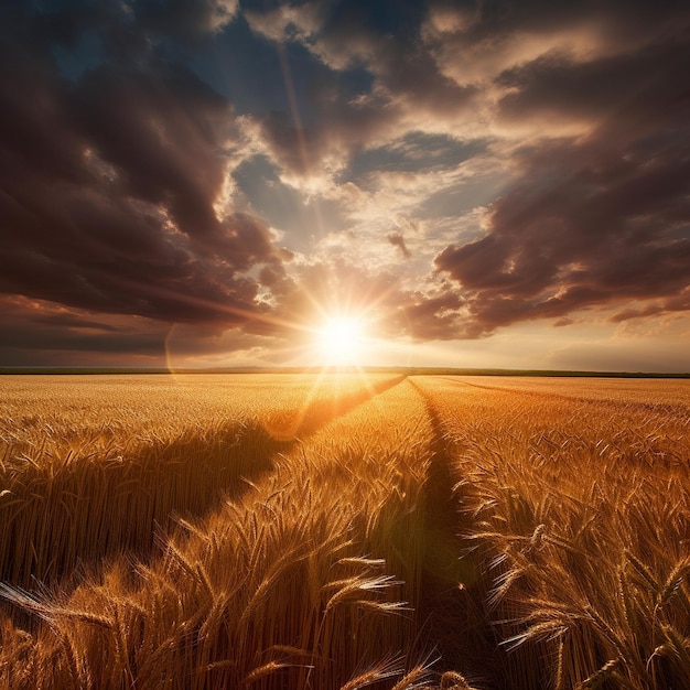 小麦畑の上で日が昇る