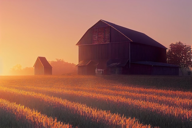 Sunrise with a barn on a field with golden ears in the sun 3d illustration