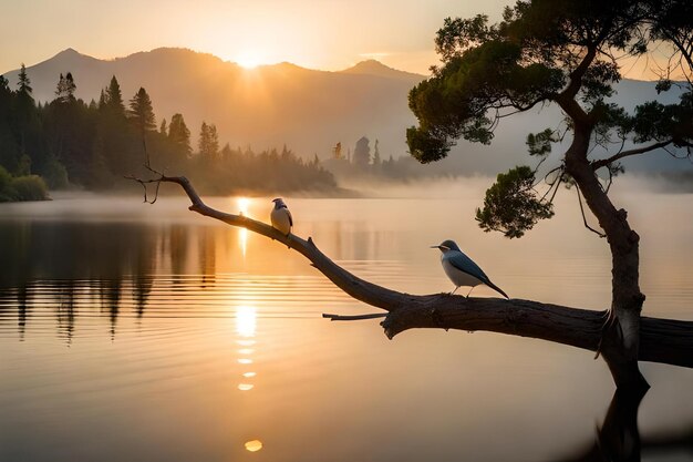 Photo a sunrise with a bird on a branch