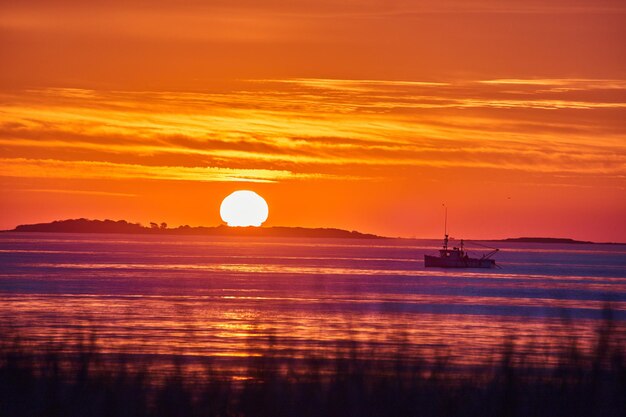 Sunrise with golden light on ocean east coast with grassy coast in foreground and fishing ship in di