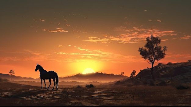 Sunrise with horse in the landscape