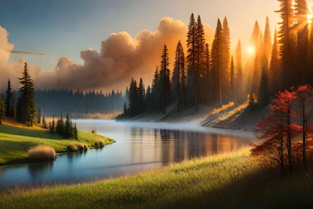 A sunrise with a lake and trees in the background