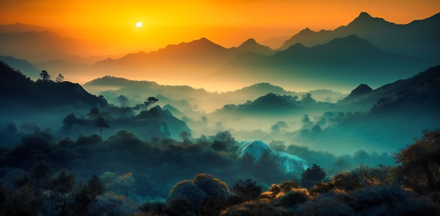 a sunrise with a large range of mountains and foliage