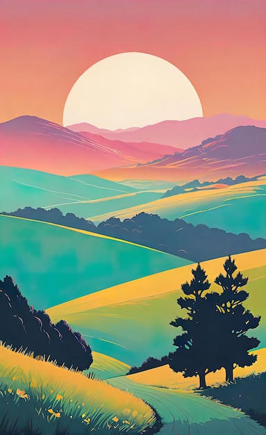 Foto l'alba con paesaggio astratto 3d minimalista con colline e calmanti colori pastello bellissimi