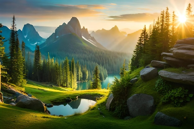 A sunrise with mountains and a lake in the background.