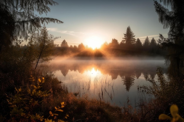 Восход солнца с сияющим солнцем сквозь туманные деревья и нетронутое озеро, созданное с помощью генеративного ИИ