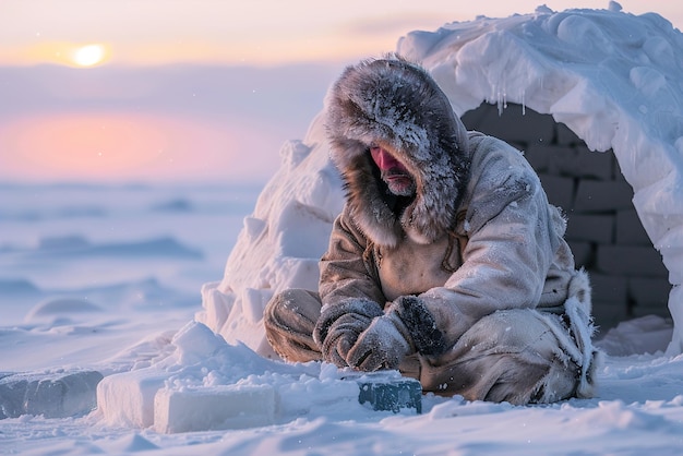 Sunrise Work on Igloo Building in Arctic