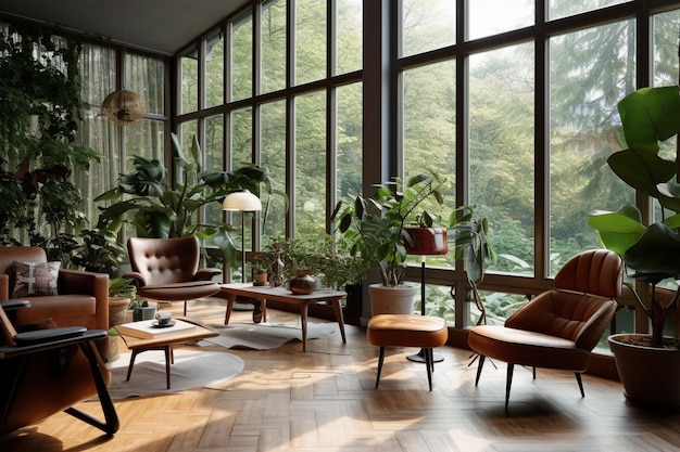 Sunroom with floortoceiling windows Bauhausinspired furniture and indoor plants