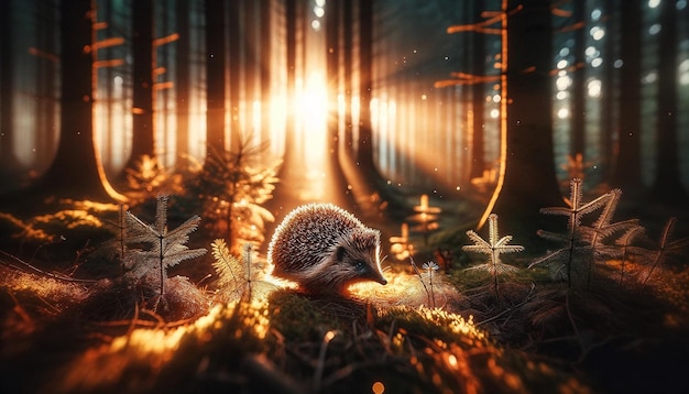 Suns Embrace Hedgehogs Twilight Dance in the Magical Forest