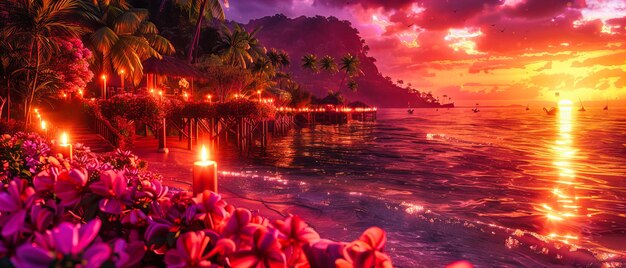 Photo the suns last rays kiss the tropical beach painting everything in soft hues of orange and red welcoming the evening