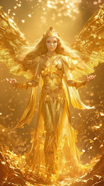 Защитница Солнца изящная золотая богиня с распростертыми крыльями