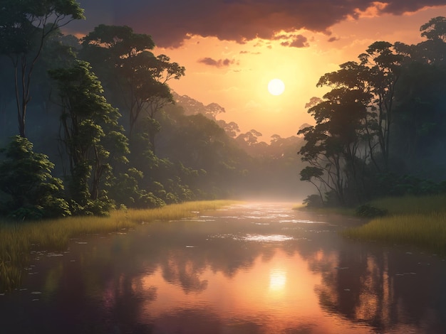 夕暮れ時の森の川の穏やかな水に太陽が反射し、壮大で穏やかな自然の風景
