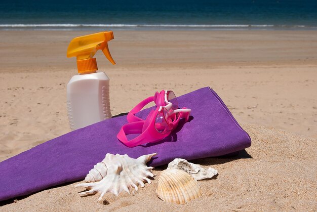 Sunscreen and beach towel