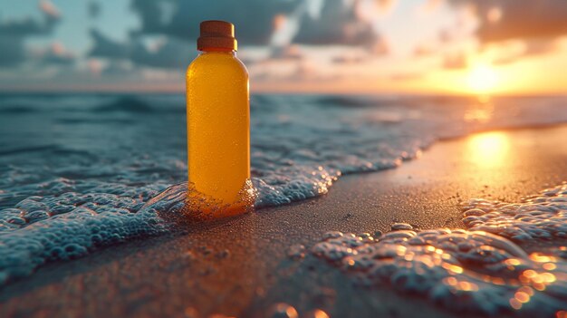 Foto bottiglia di crema solare sulla spiaggia sabbiosa