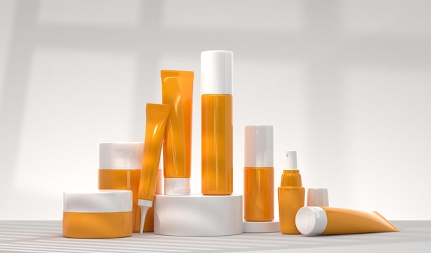 Sunscreen bottles on podium mockup banner Skincare beauty products display Realistic set of orange tubes cream jars spray with oil essence or serum hair on summer background with shadow 3d render