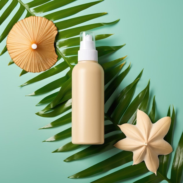 Sunscreen spray bottle Bottle with sun protection cream and sea shells Generative AI