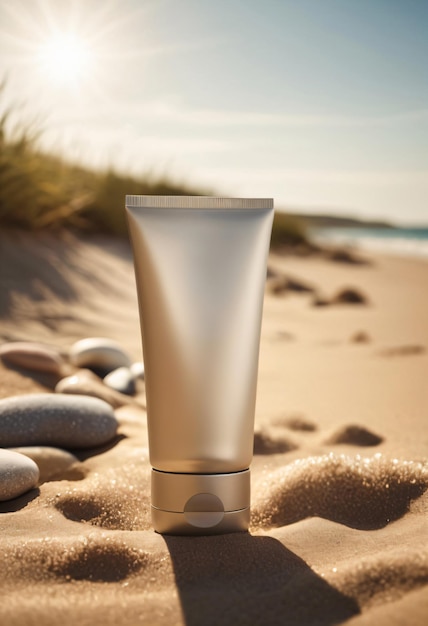 Sunscreen sunblock SPF cream in plastic tube on sandy beach with pebbles near ocean during summer