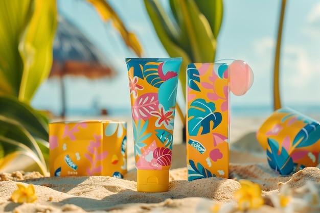 Sunscreen tubes with tropical design on beach sand