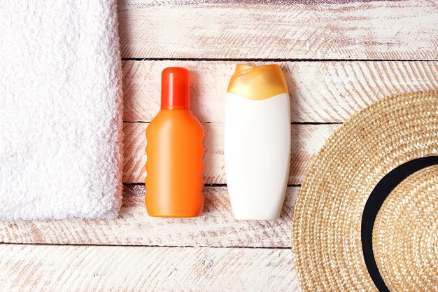 Sunscreens on a colored background closeup sun protection for skin