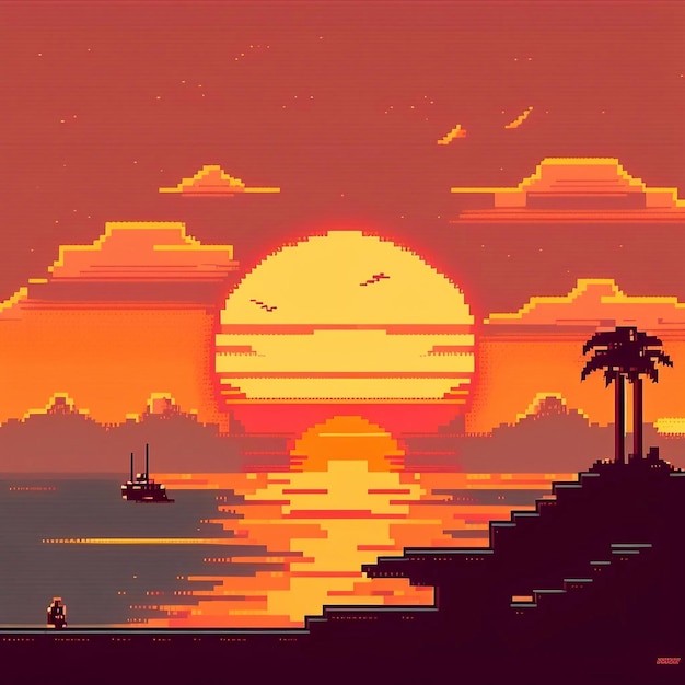 Sunset in 70th's style pixel art Ai generated