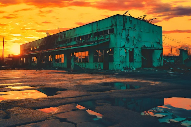 Sunset behind an abandoned building