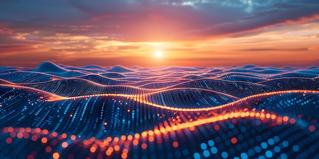 Photo sunset abstract cyber landscape with wavy network surface and tech lights in dark blue digital cyberspace concept abstract art sunset landscape cyber technology digital lights