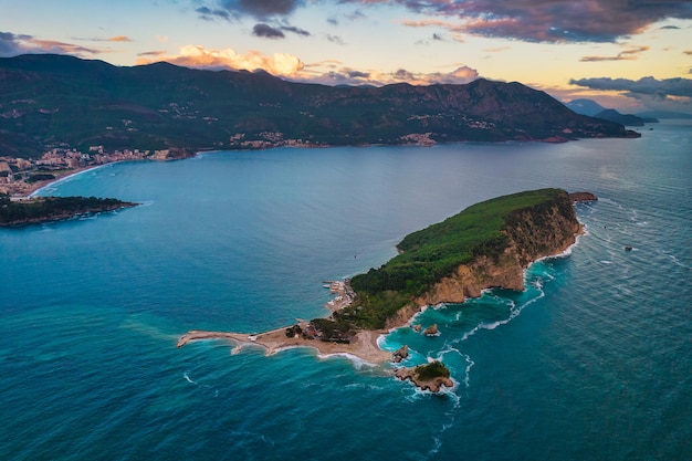 Sunset aerial view of St. Nikola island near Budva, Montenegro