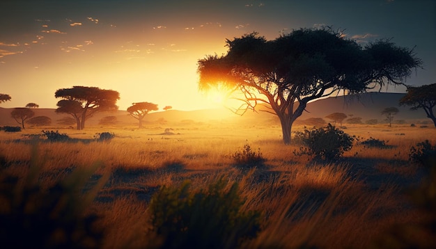 Sunset in the african savannah with trees and grass