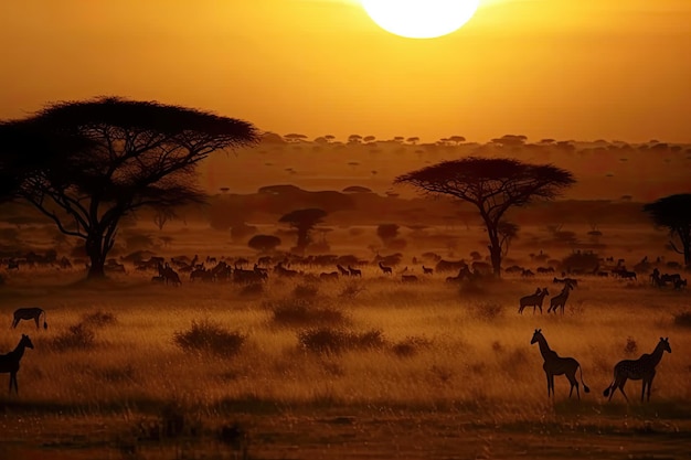 アフリカのサヴェンナの夕日動物と木のシルエット生成 AI