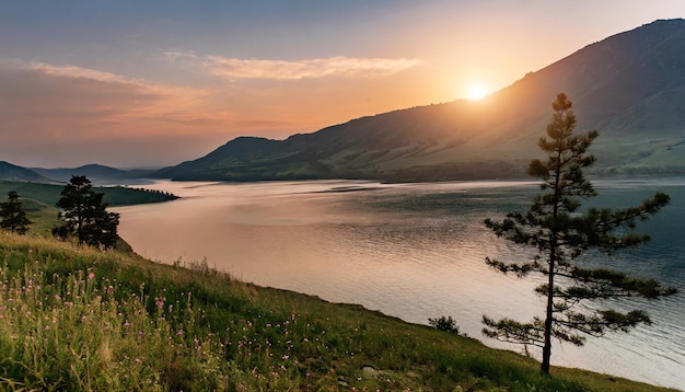 Foto il tramonto sullo sfondo di montagne e di un bellissimo lago
