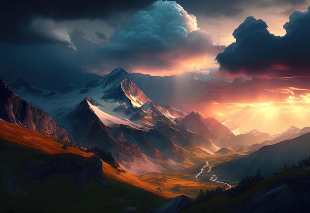 Sunset in Alps Mountains with snow caps in the background Generative Ai Art Cumulus clouds over the valley