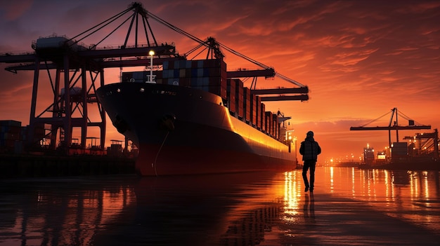Sunset arrival of a container ship in port silhouette concept