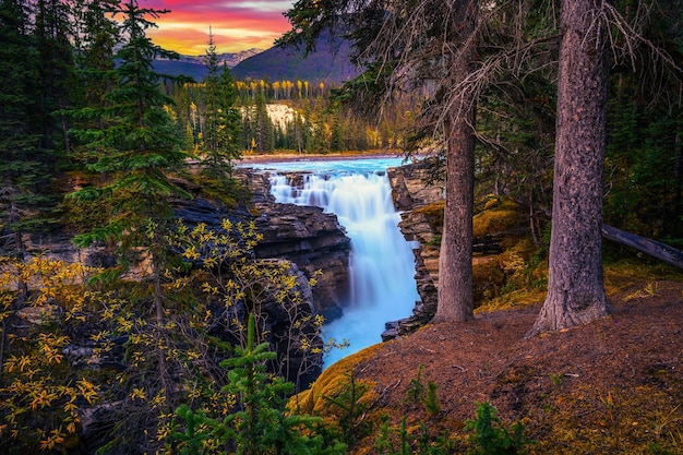 Sunset above athabasca falls in jasper national park canada