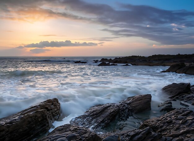 Sunset over the Atlantic Ocean in Cornwall England United Kingdom A Rocky Beach landscape view