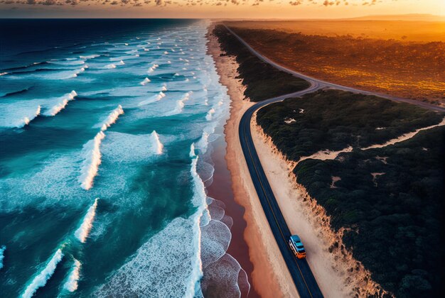 Sunset over australia's great ocean road with waves and beaches in the distance