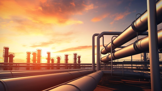 Sunset Backdrop for Petroleum Factory's Pipeline and Pipe Rack