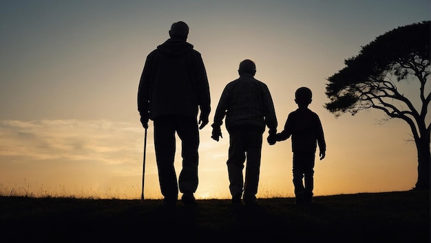 sunset background with silhouette of generations of father and sons