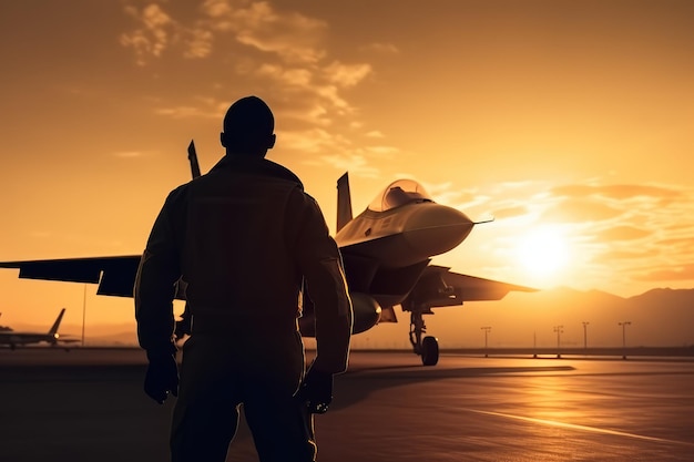 sunset backlit view of military fighter jet pilot