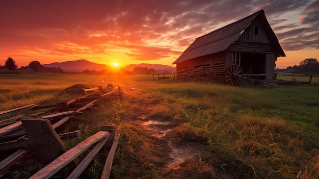 Sunset over a barn in a field with a broken fence generative ai