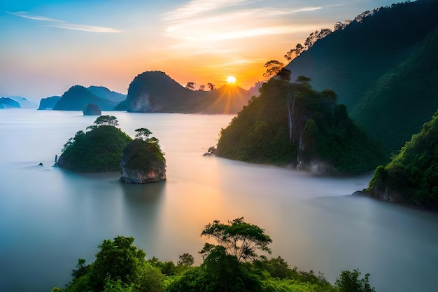 A sunset over a bay with a mountain and a lake in the background