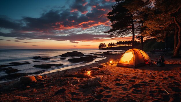 Photo sunset beach camping tent