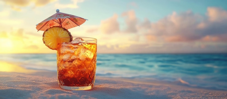 Photo sunset beach cocktail tropical paradise at golden hour
