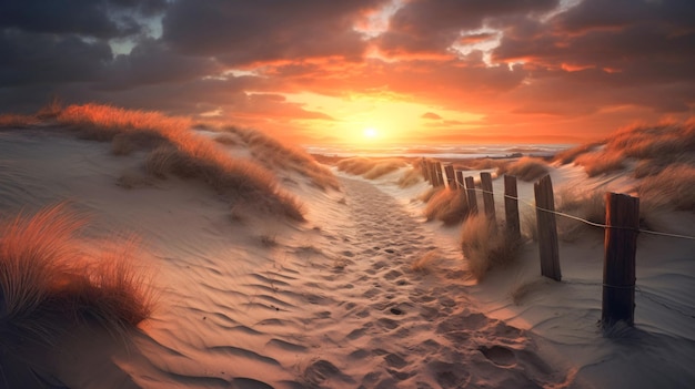 Sunset Beach Escape Arafed Path door zandduinen met generatieve AI