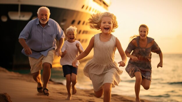 Sunset Beach Fun Grandparents and Children Enjoying a Happy Summer Vacation Run Generative ai